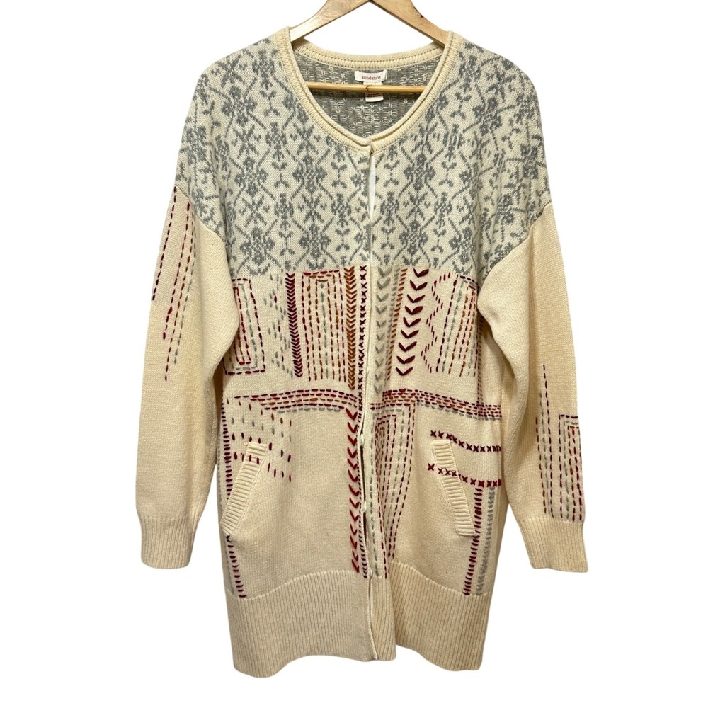 Sundance Victoria Embroidered Cardigan Sweater Jacket Womens XL Lambswool NEW